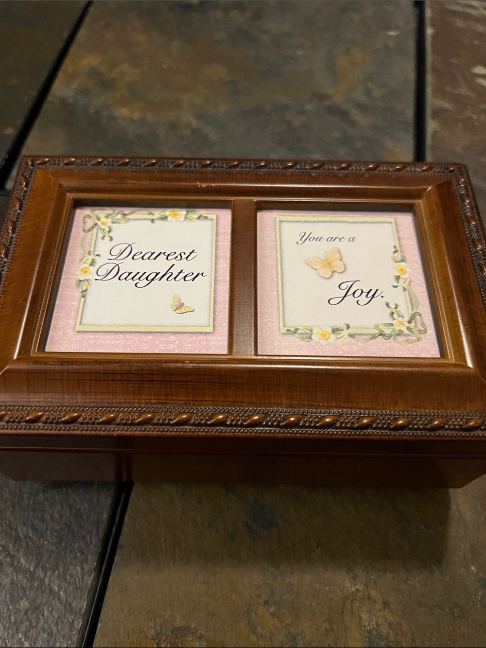 Vintage Wooden 'Dearest Daughter /You are a Joy' Keepsake Photo Musical Box- EUC